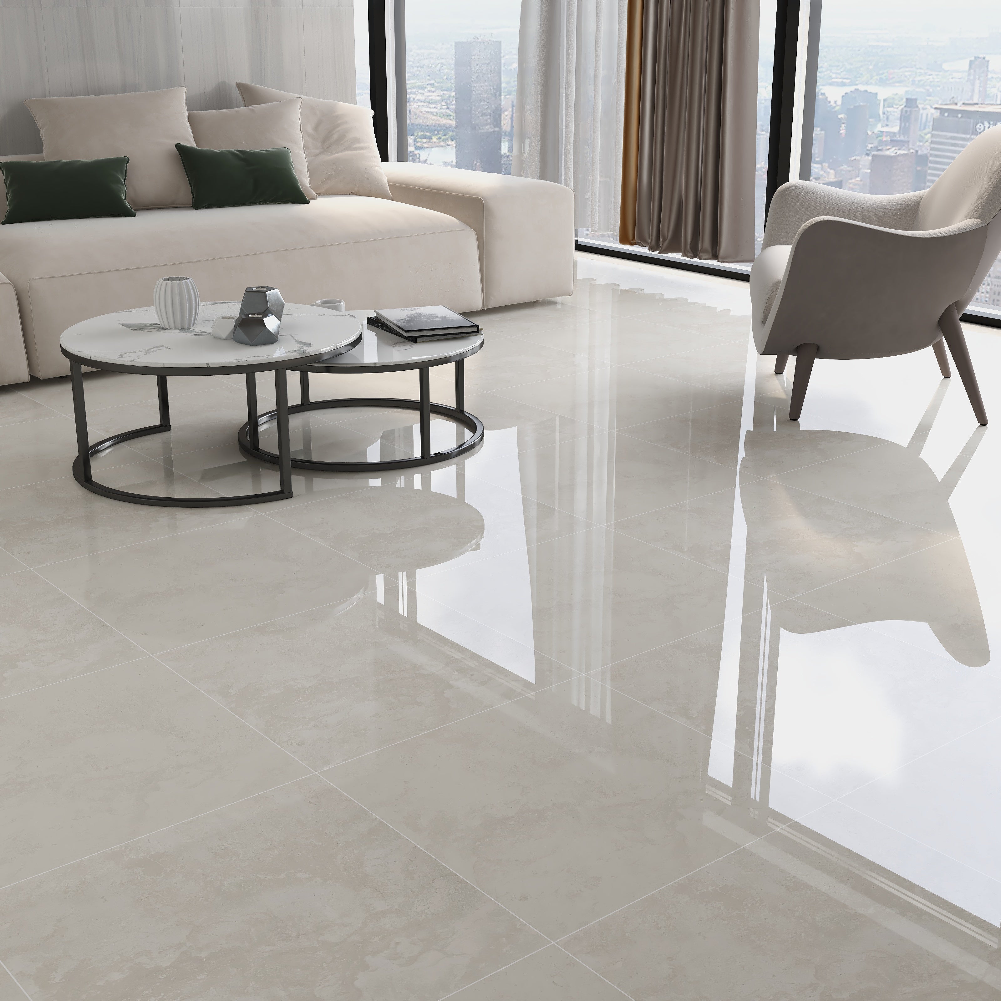 $11.900 por m²<br>Porcelanato Crema Mineral Brillante 60x60<br>Caja de 1.44 m²