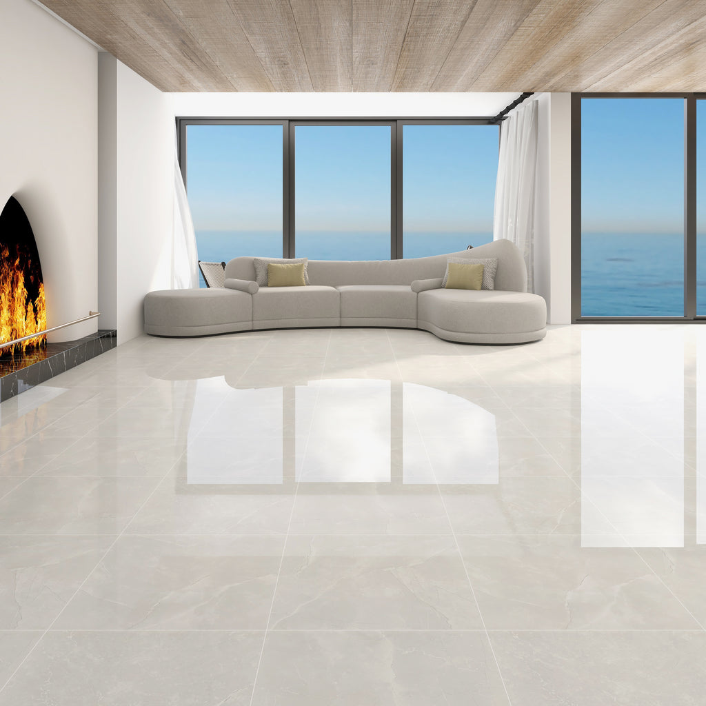 $11.900 por m²<br>Porcelanato Marfil Marmoleado Brillante 60x60<br>Caja de 1.44 m²